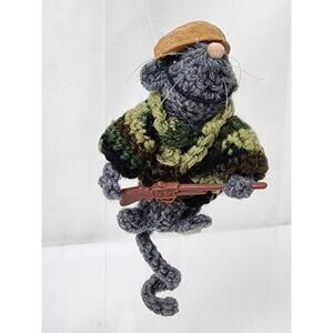 Handmade Crochet Soldier Gray Mouse w/Camo Jacket Walnut Helmut & Rifle Cute!!